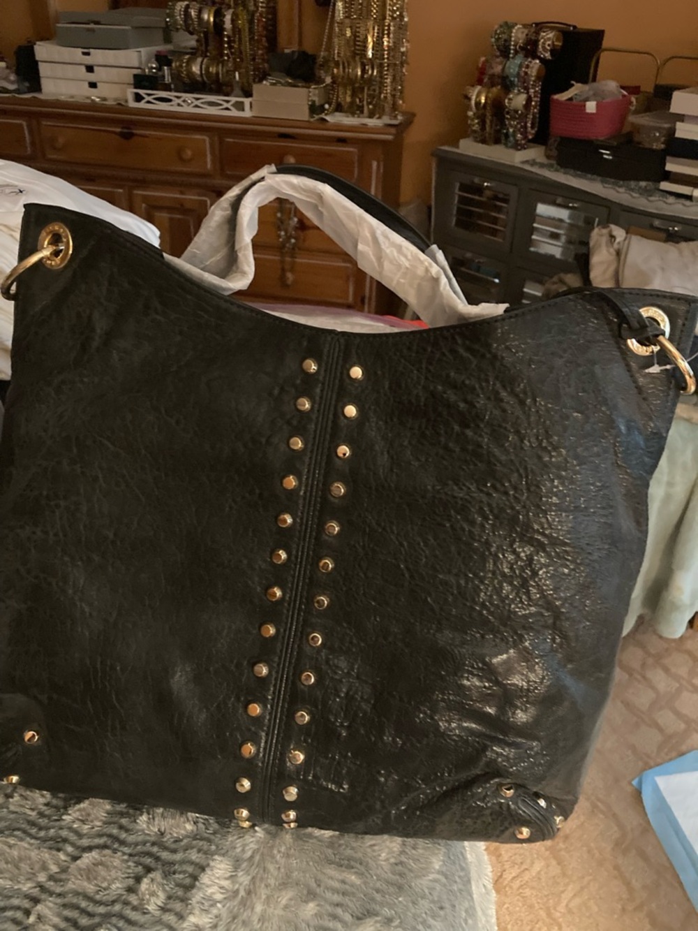 Michael Kors Black Uptown Astor Tote with Gold Stud Accents